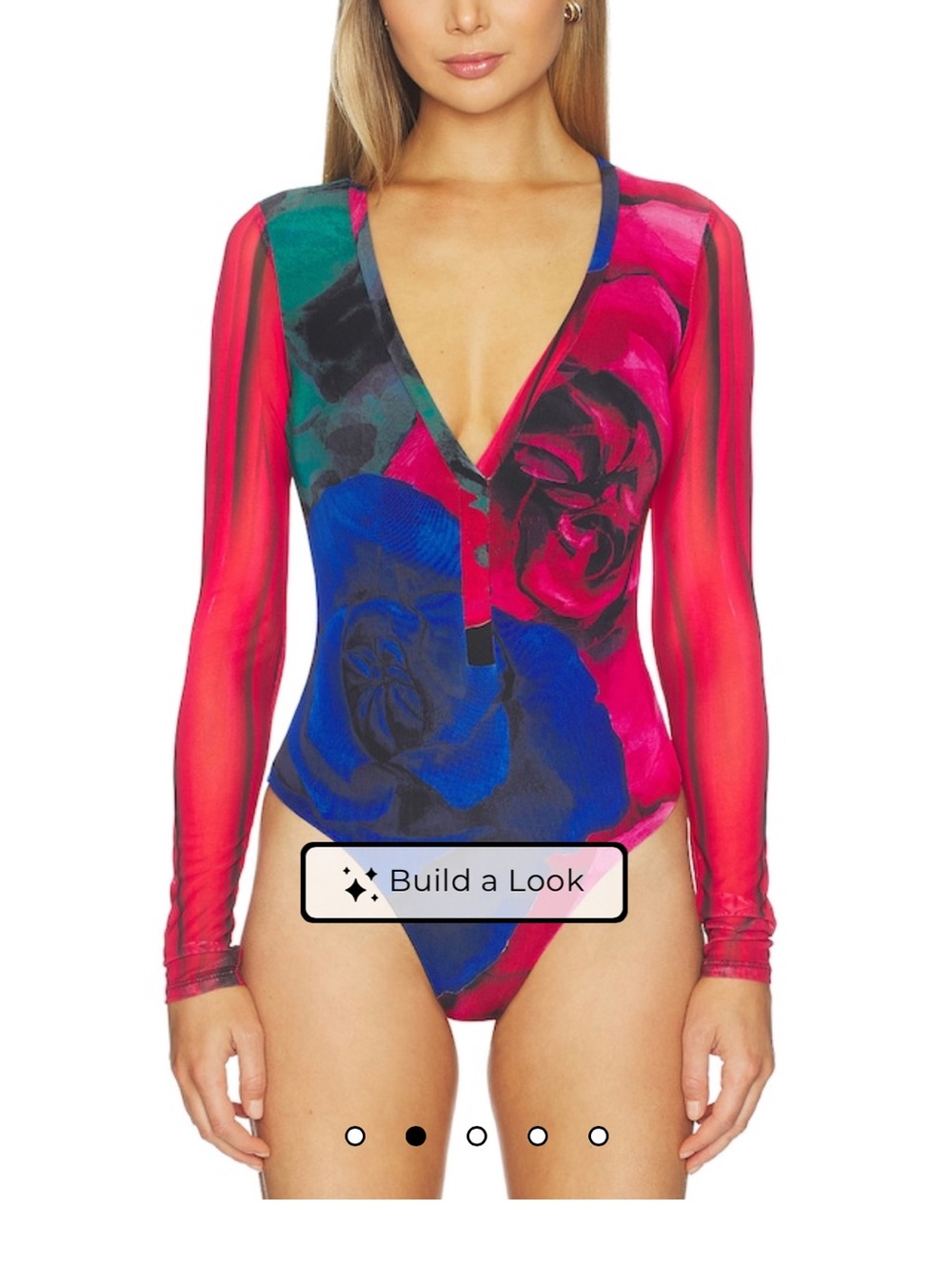 AFRM Harris Rose Blur Floral Print Mesh Long Sleeve V-Neck Bodysuit